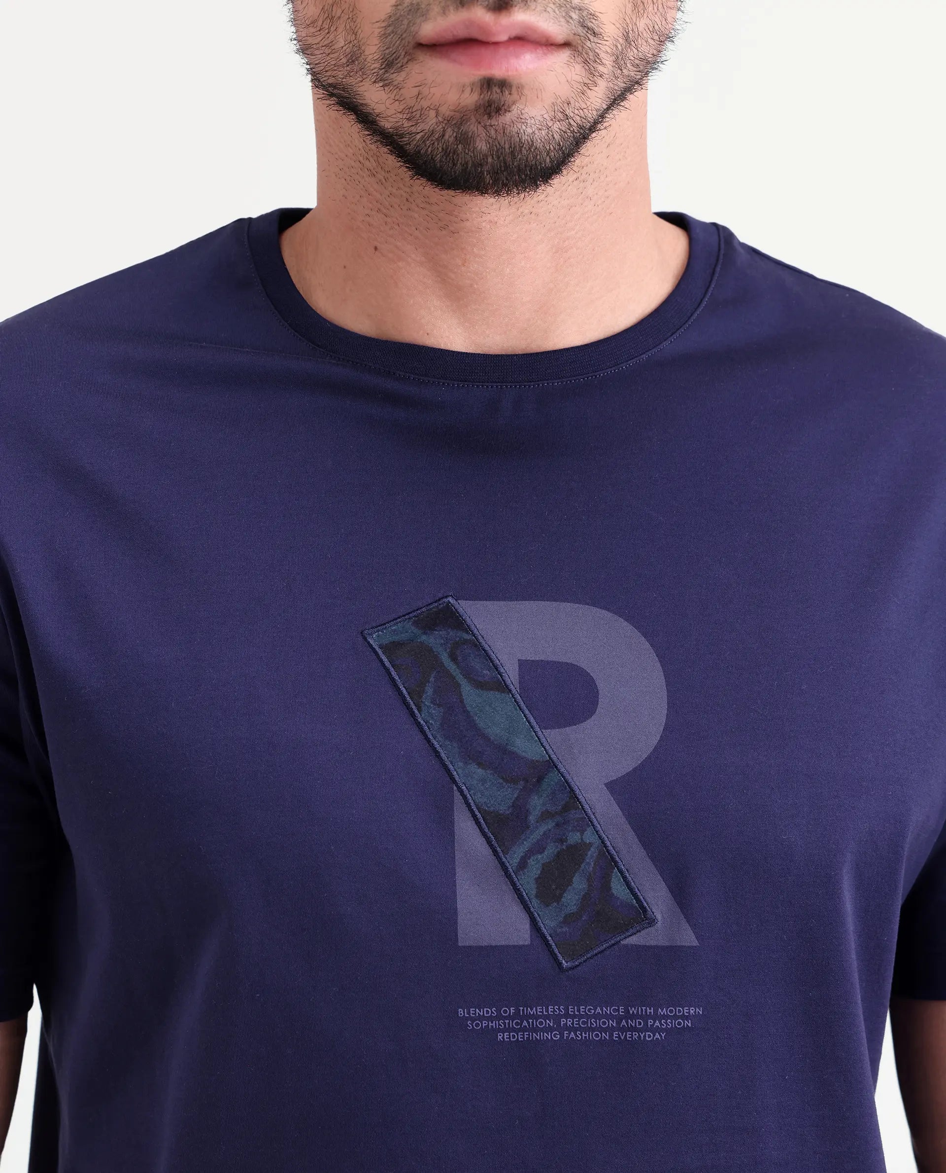 Rare Rabbit Men's Apli Flouroscent Navy Cotton Fabric Half Sleeve Crew Neck Regular Fit Graphic Print T-Shirt | Rare Rabbit at Broadway