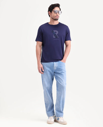 Rare Rabbit Men's Apli Flouroscent Navy Cotton Fabric Half Sleeve Crew Neck Regular Fit Graphic Print T-Shirt | Rare Rabbit at Broadway