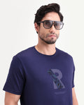 Rare Rabbit Men's Apli Flouroscent Navy Cotton Fabric Half Sleeve Crew Neck Regular Fit Graphic Print T-Shirt | Rare Rabbit at Broadway