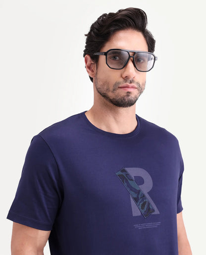 Rare Rabbit Men's Apli Flouroscent Navy Cotton Fabric Half Sleeve Crew Neck Regular Fit Graphic Print T-Shirt | Rare Rabbit at Broadway