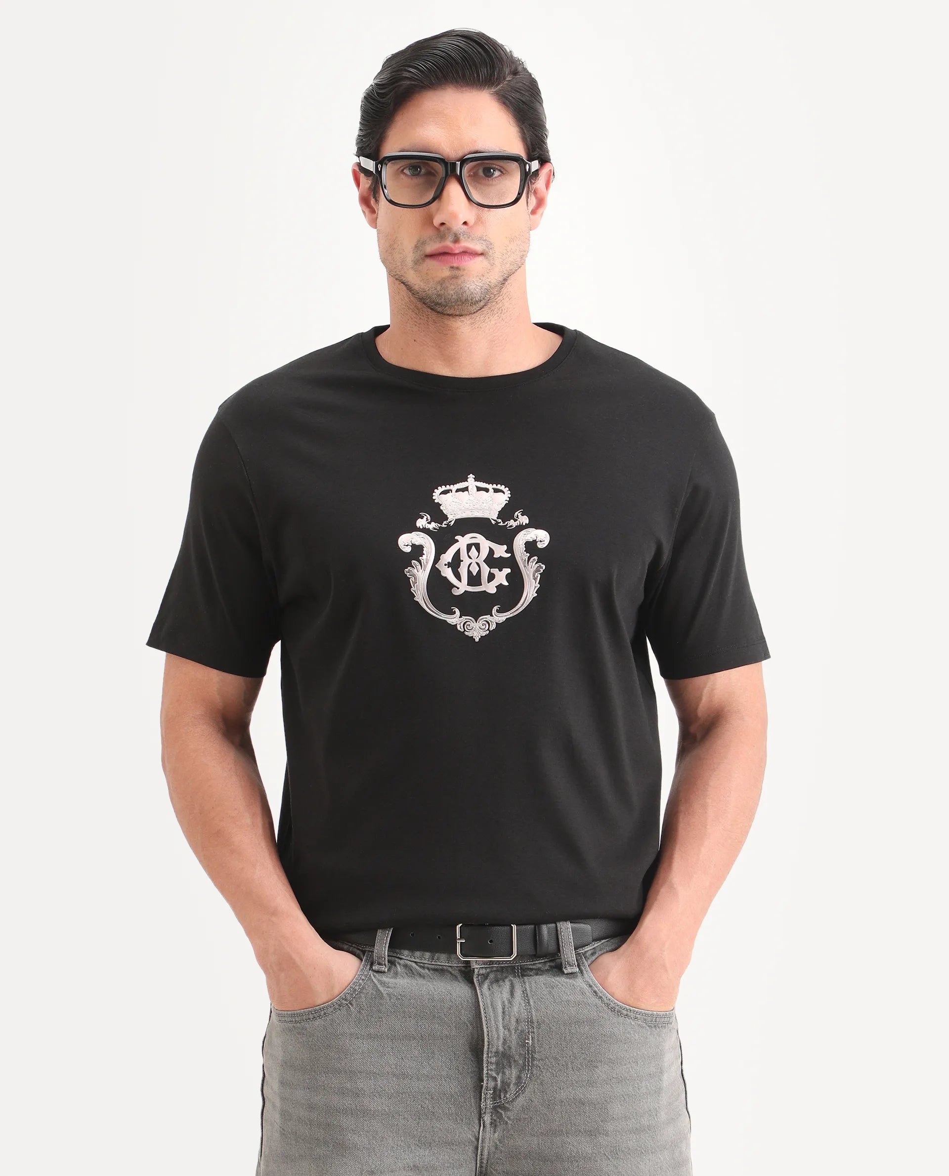 Rare Rabbit Men's Fein Black Cotton Fabric Half Sleeve Crew Neck Regular Fit Graphic Print T-Shirt | Rare Rabbit at Broadway