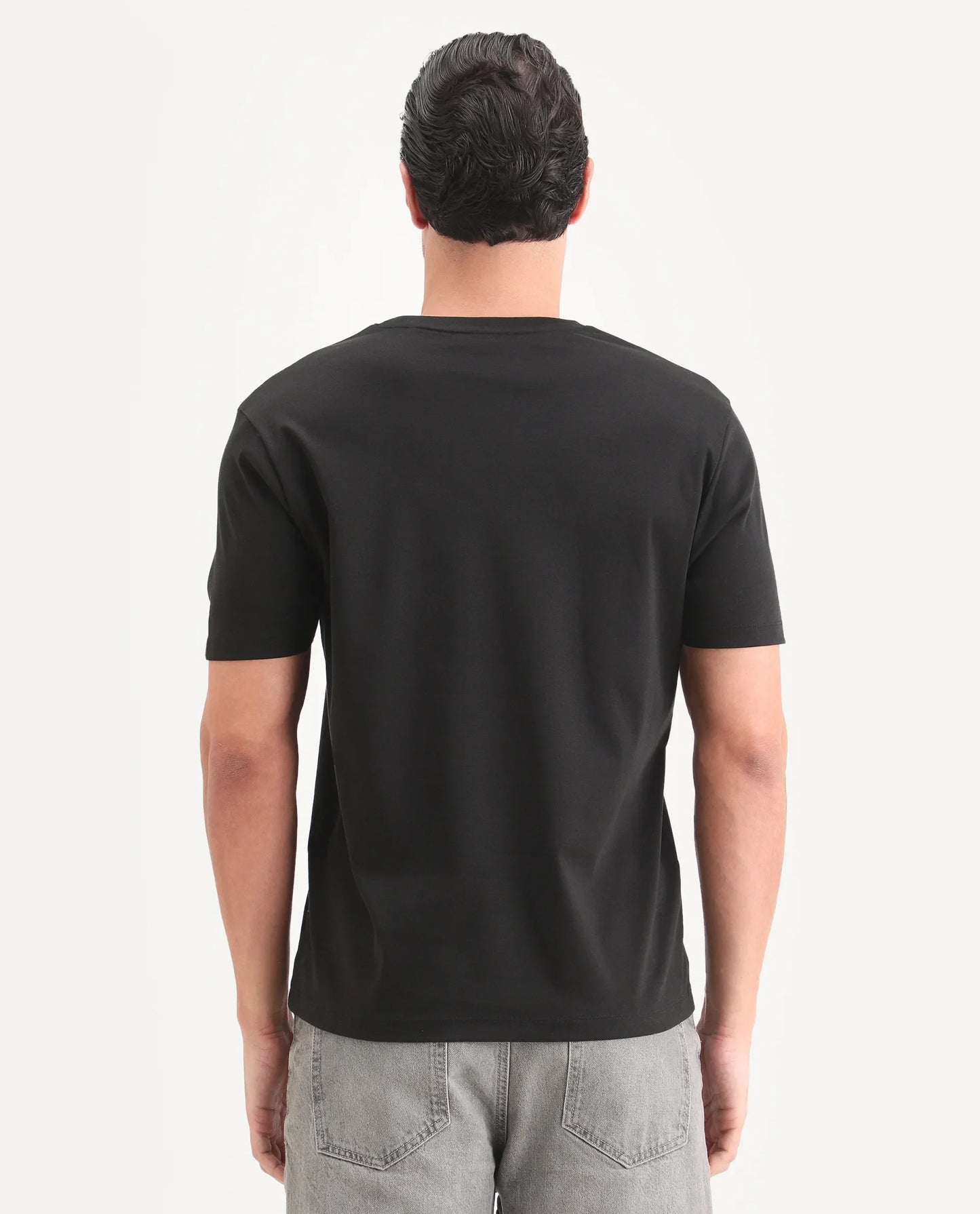 Rare Rabbit Men's Fein Black Cotton Fabric Half Sleeve Crew Neck Regular Fit Graphic Print T-Shirt | Rare Rabbit at Broadway