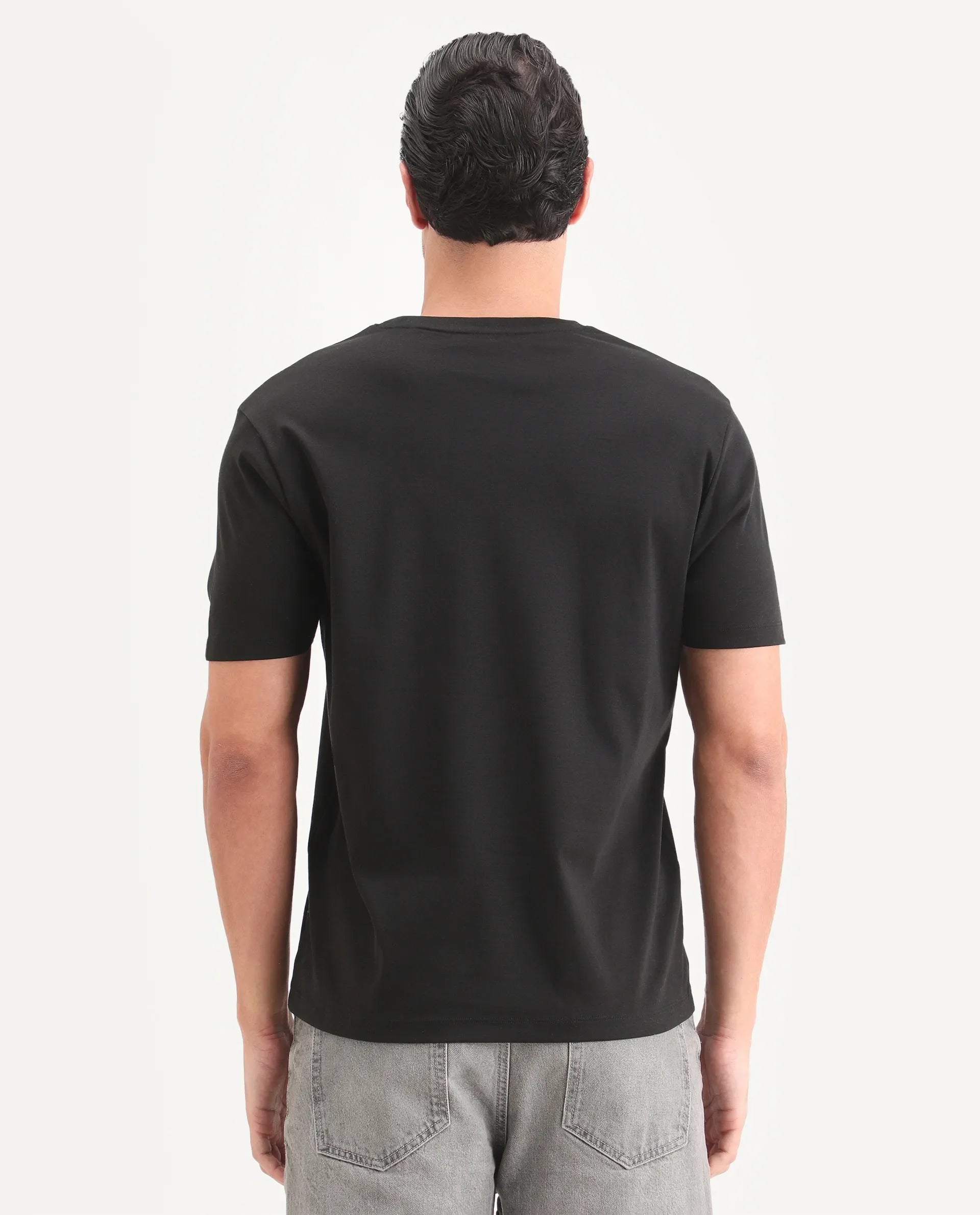 Rare Rabbit Men's Fein Black Cotton Fabric Half Sleeve Crew Neck Regular Fit Graphic Print T-Shirt | Rare Rabbit at Broadway