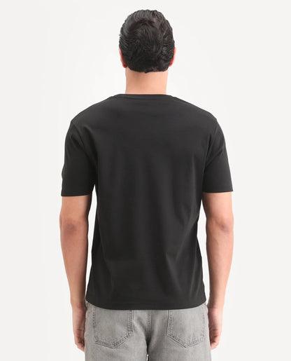 Rare Rabbit Men's Fein Black Cotton Fabric Half Sleeve Crew Neck Regular Fit Graphic Print T-Shirt | Rare Rabbit at Broadway