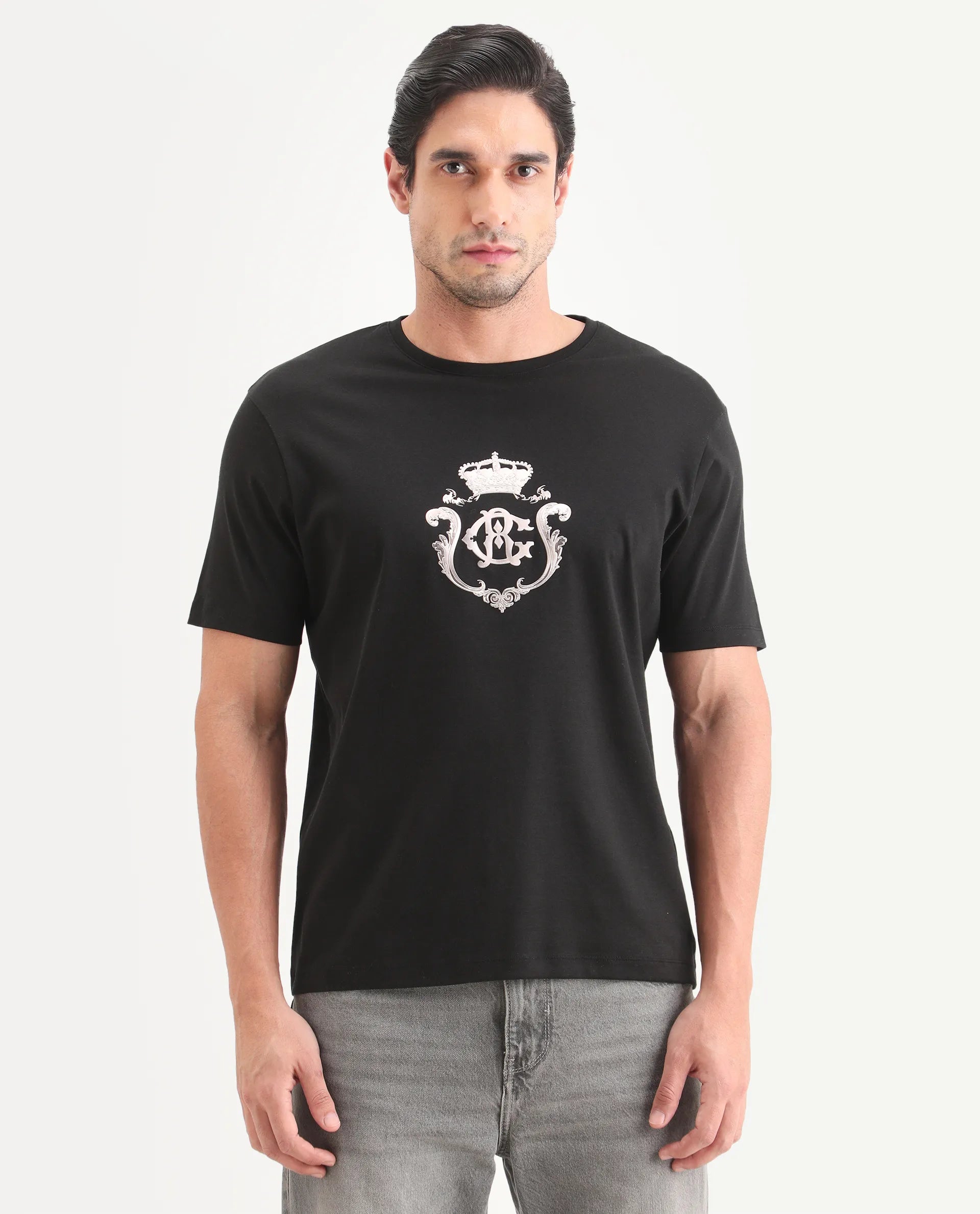 Rare Rabbit Men's Fein Black Cotton Fabric Half Sleeve Crew Neck Regular Fit Graphic Print T-Shirt | Rare Rabbit at Broadway