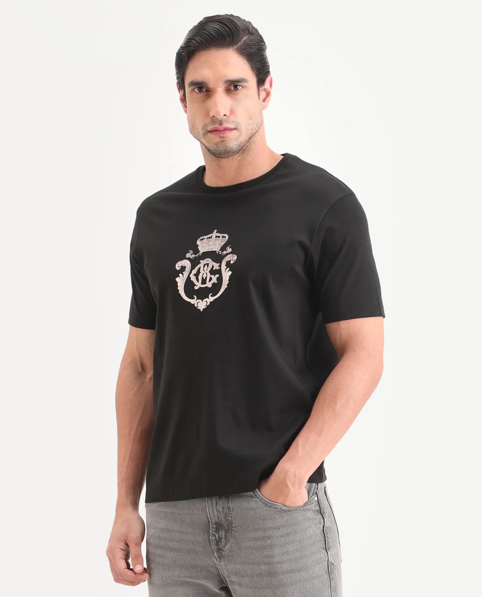 Rare Rabbit Men's Fein Black Cotton Fabric Half Sleeve Crew Neck Regular Fit Graphic Print T-Shirt | Rare Rabbit at Broadway