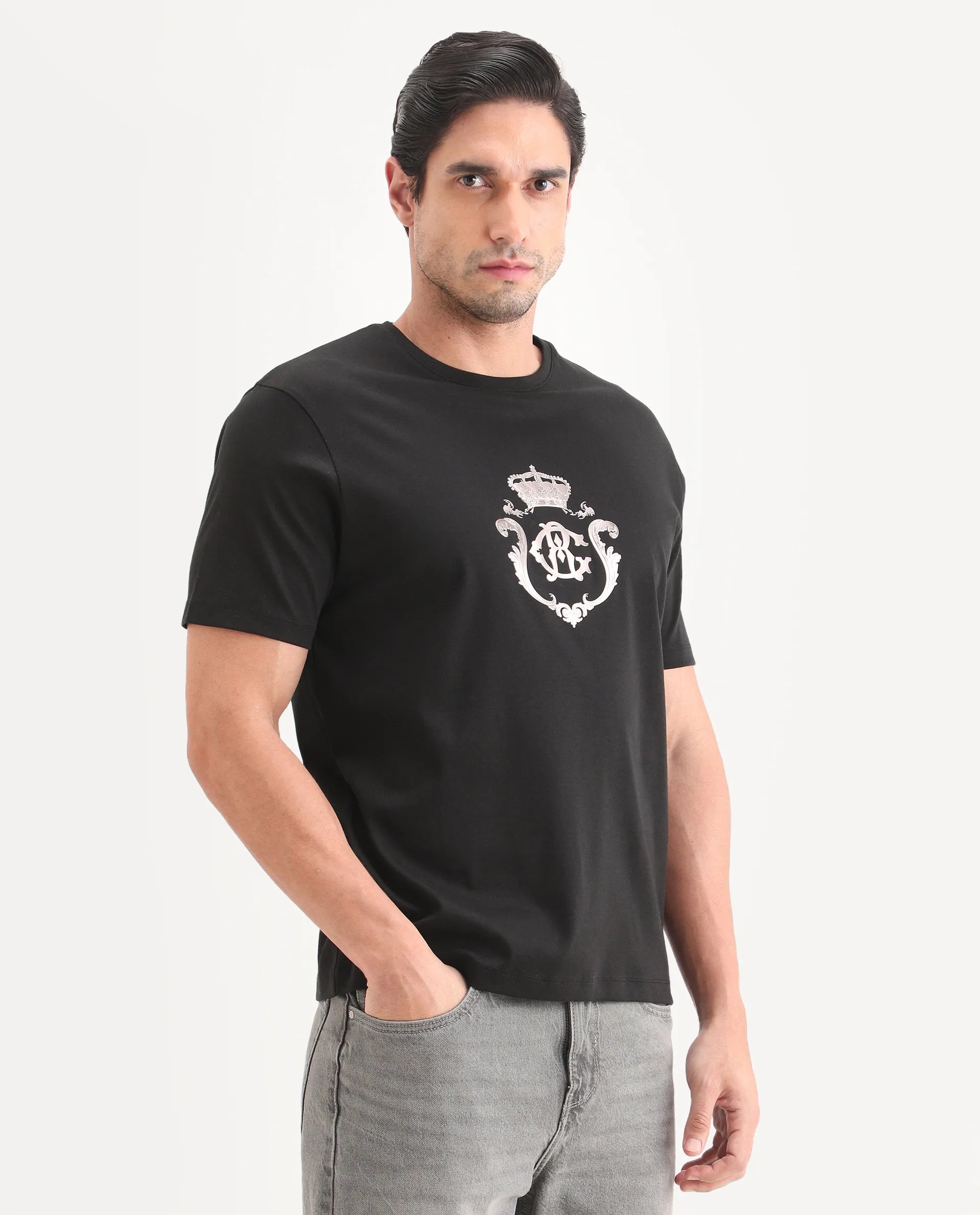 Rare Rabbit Men's Fein Black Cotton Fabric Half Sleeve Crew Neck Regular Fit Graphic Print T-Shirt | Rare Rabbit at Broadway