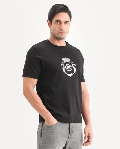 Rare Rabbit Men's Fein Black Cotton Fabric Half Sleeve Crew Neck Regular Fit Graphic Print T-Shirt | Rare Rabbit at Broadway