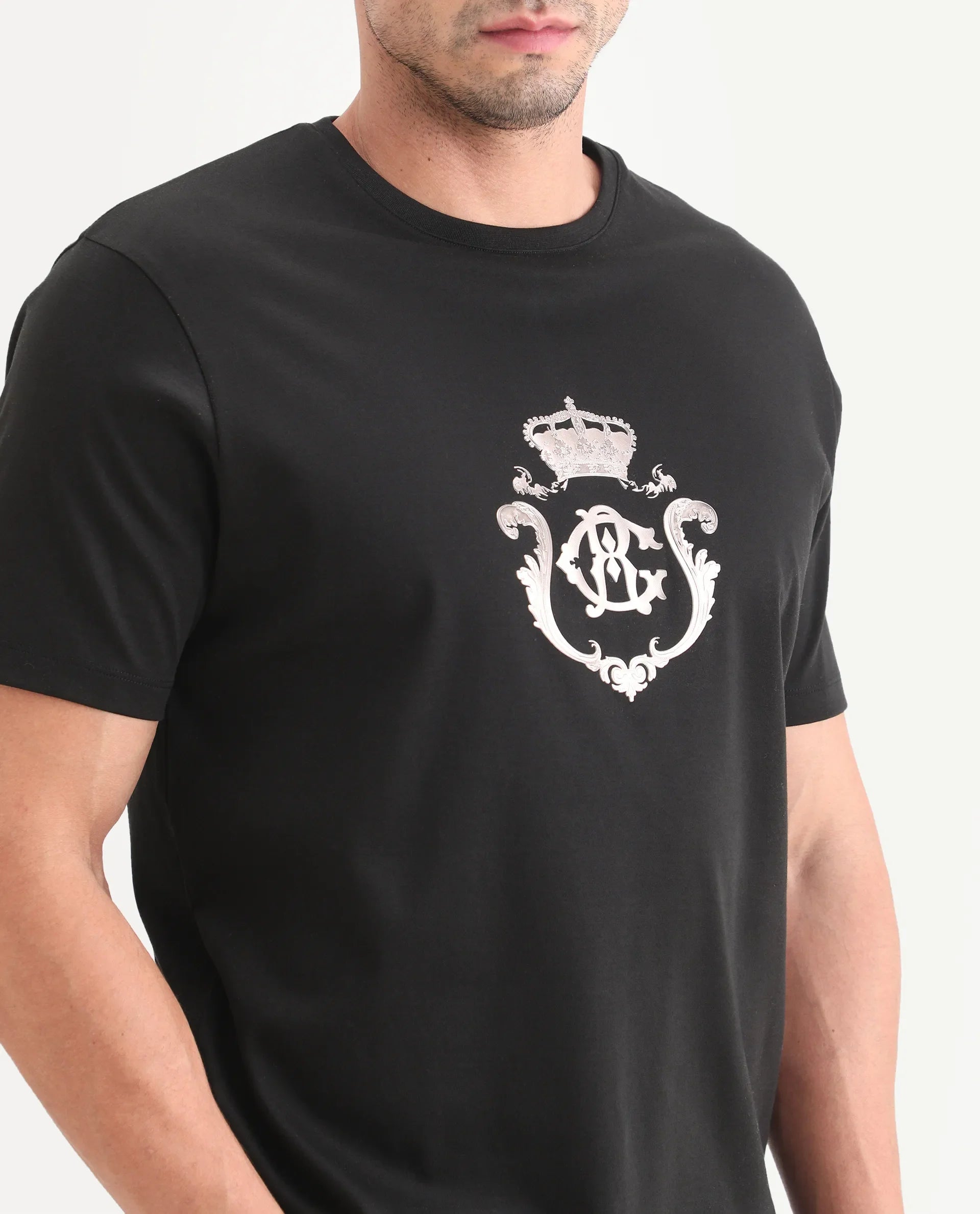 Rare Rabbit Men's Fein Black Cotton Fabric Half Sleeve Crew Neck Regular Fit Graphic Print T-Shirt | Rare Rabbit at Broadway