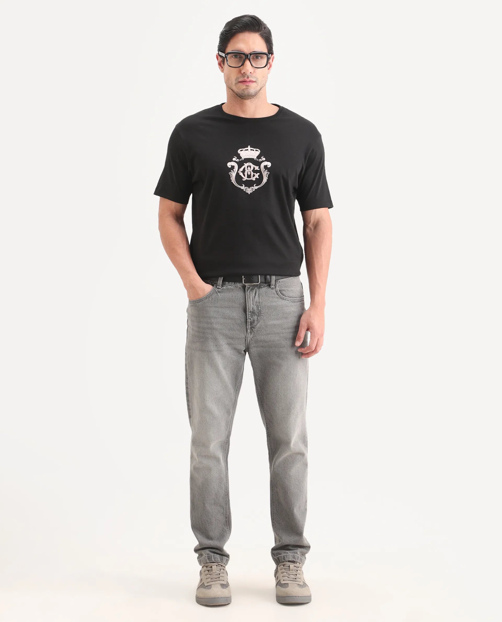 Rare Rabbit Men's Fein Black Cotton Fabric Half Sleeve Crew Neck Regular Fit Graphic Print T-Shirt | Rare Rabbit at Broadway