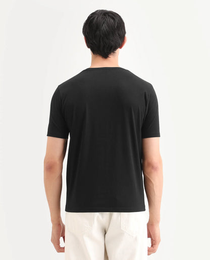 Rare Rabbit Men's Icy Black Cotton Blend Fabric Half Sleeve Crew Neck Regular Fit Graphic Print T-Shirt | Rare Rabbit at Broadway