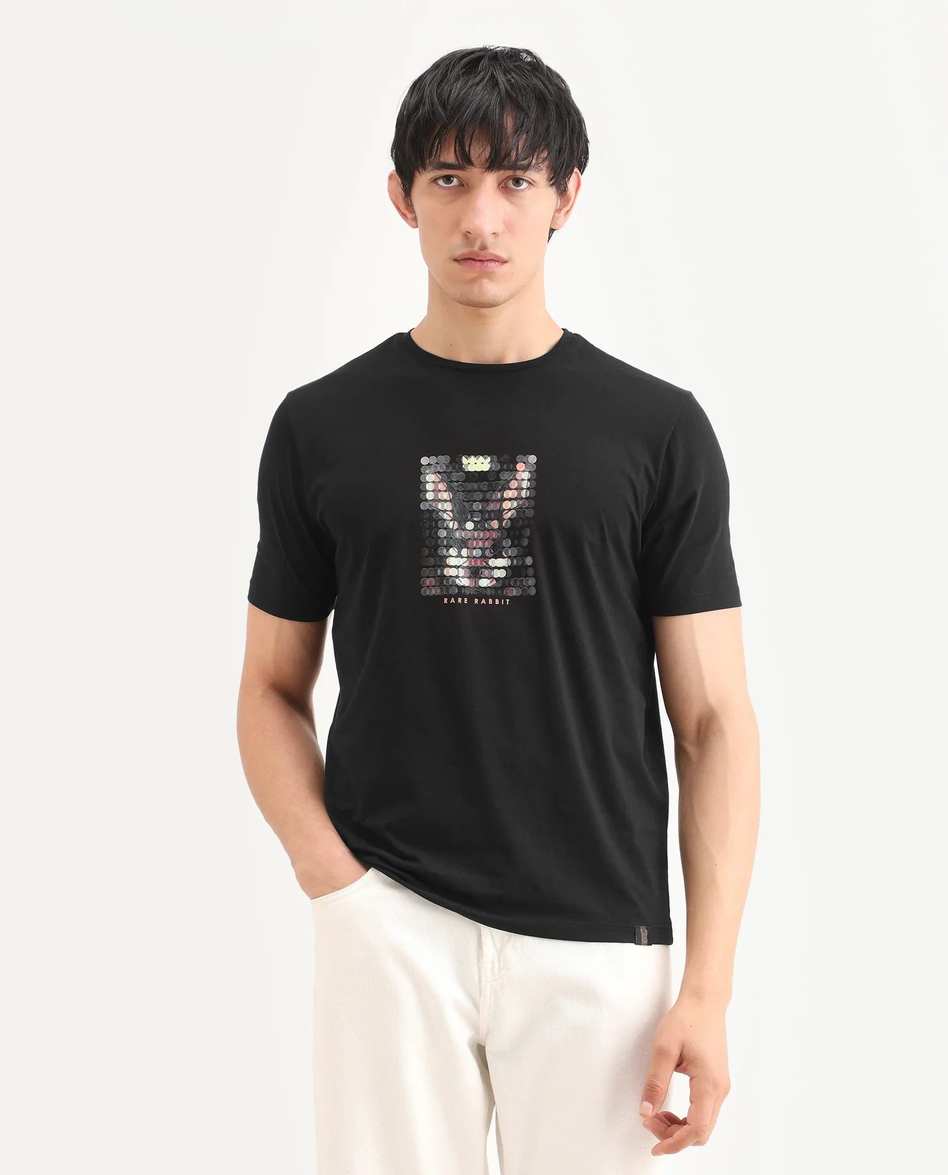Rare Rabbit Men's Icy Black Cotton Blend Fabric Half Sleeve Crew Neck Regular Fit Graphic Print T-Shirt | Rare Rabbit at Broadway