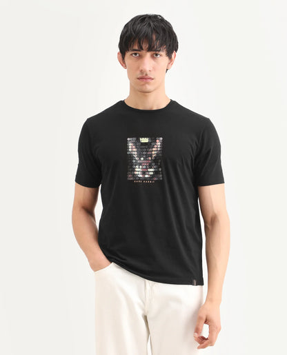 Rare Rabbit Men's Icy Black Cotton Blend Fabric Half Sleeve Crew Neck Regular Fit Graphic Print T-Shirt | Rare Rabbit at Broadway