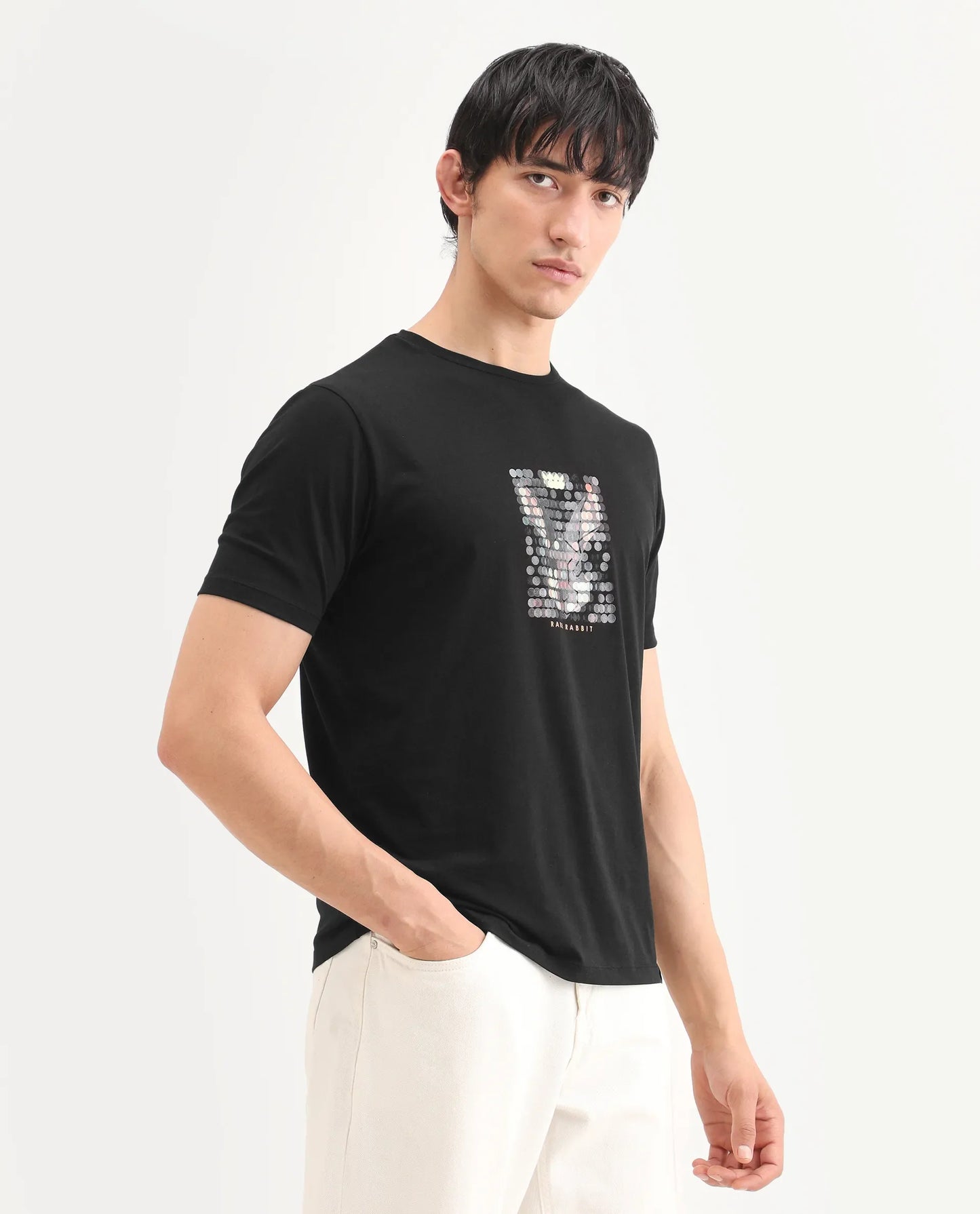 Rare Rabbit Men's Icy Black Cotton Blend Fabric Half Sleeve Crew Neck Regular Fit Graphic Print T-Shirt | Rare Rabbit at Broadway