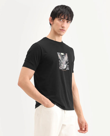 Rare Rabbit Men's Icy Black Cotton Blend Fabric Half Sleeve Crew Neck Regular Fit Graphic Print T-Shirt | Rare Rabbit at Broadway