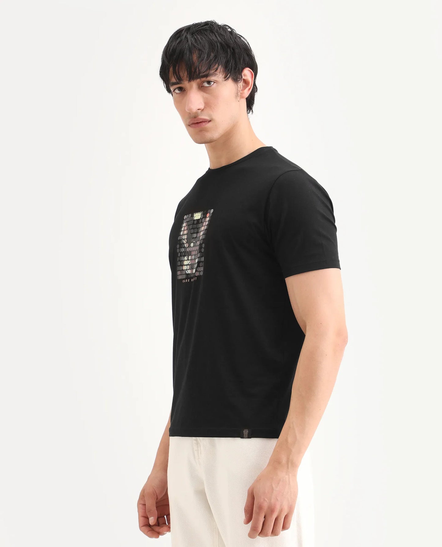Rare Rabbit Men's Icy Black Cotton Blend Fabric Half Sleeve Crew Neck Regular Fit Graphic Print T-Shirt | Rare Rabbit at Broadway