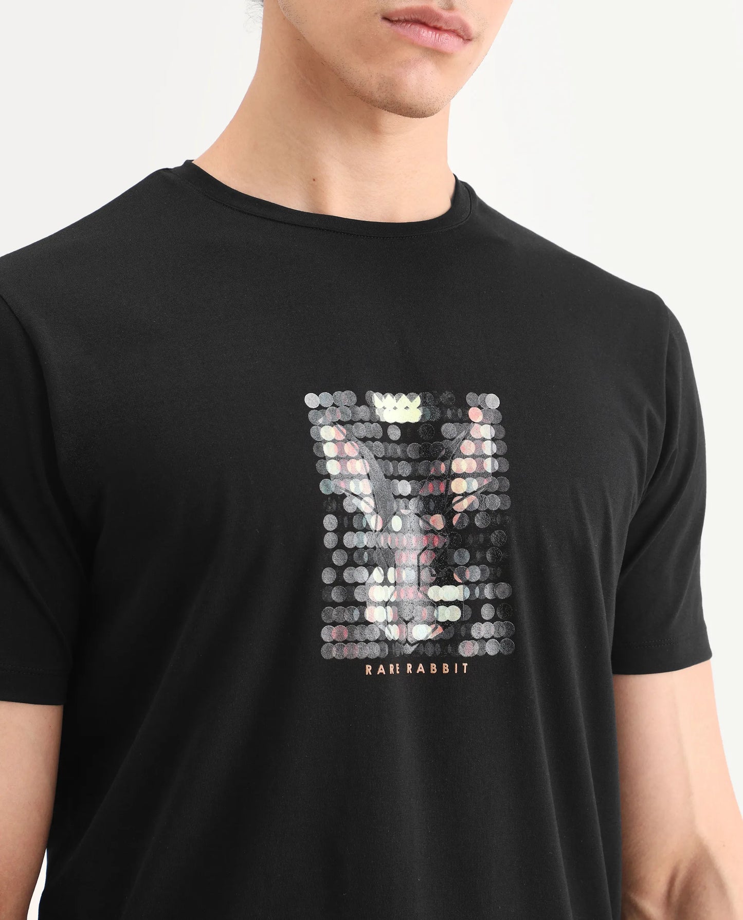 Rare Rabbit Men's Icy Black Cotton Blend Fabric Half Sleeve Crew Neck Regular Fit Graphic Print T-Shirt | Rare Rabbit at Broadway