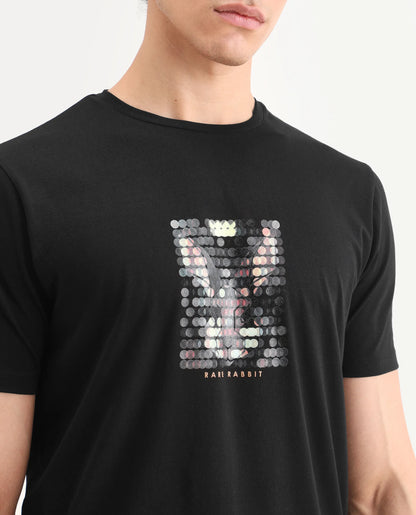 Rare Rabbit Men's Icy Black Cotton Blend Fabric Half Sleeve Crew Neck Regular Fit Graphic Print T-Shirt | Rare Rabbit at Broadway