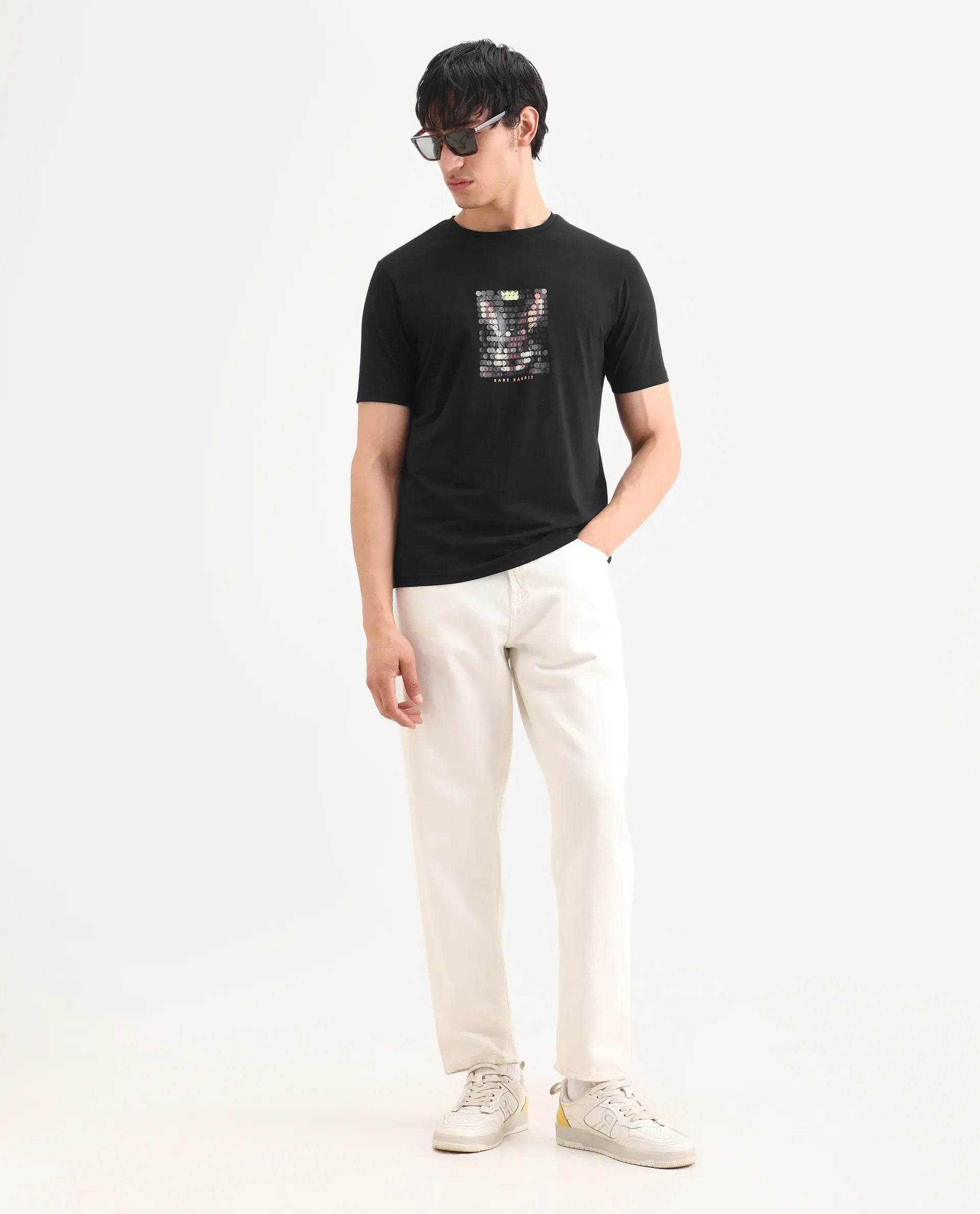 Rare Rabbit Men's Icy Black Cotton Blend Fabric Half Sleeve Crew Neck Regular Fit Graphic Print T-Shirt | Rare Rabbit at Broadway