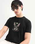 Rare Rabbit Men's Icy Black Cotton Blend Fabric Half Sleeve Crew Neck Regular Fit Graphic Print T-Shirt | Rare Rabbit at Broadway
