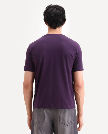 Rare Rabbit Men's Rabbit-S26 Dark Purple Cotton Blend Fabric Half Sleeve Crew Neck Regular Fit Plain T-Shirt