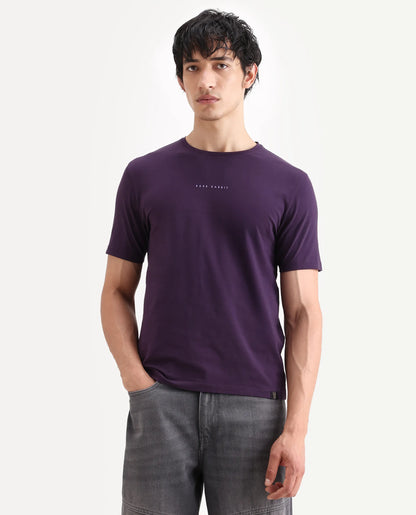 Rare Rabbit Men's Rabbit-S26 Dark Purple Cotton Blend Fabric Half Sleeve Crew Neck Regular Fit Plain T-Shirt