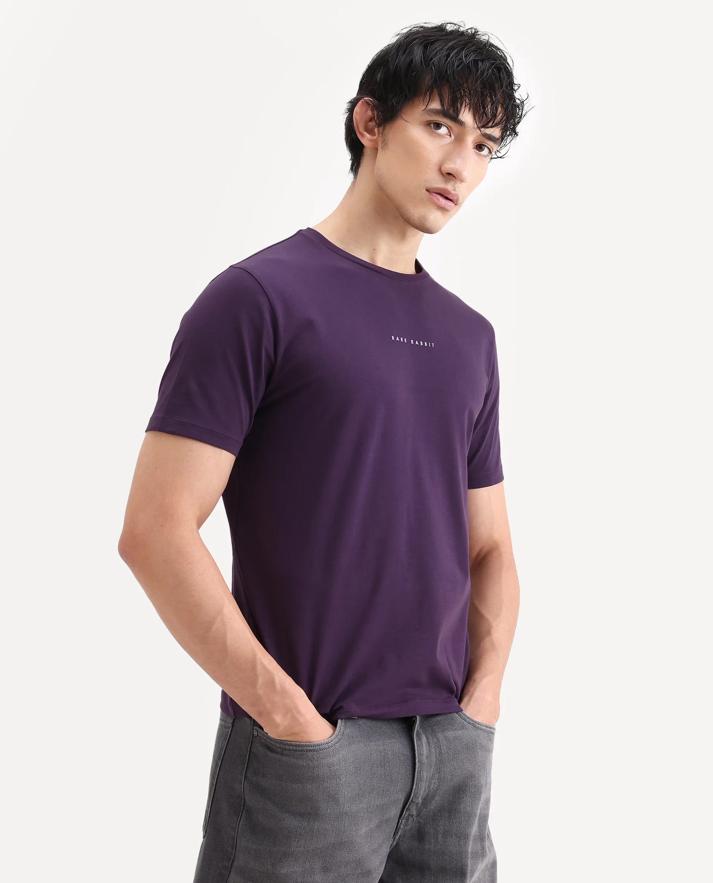 Rare Rabbit Men's Rabbit-S26 Dark Purple Cotton Blend Fabric Half Sleeve Crew Neck Regular Fit Plain T-Shirt