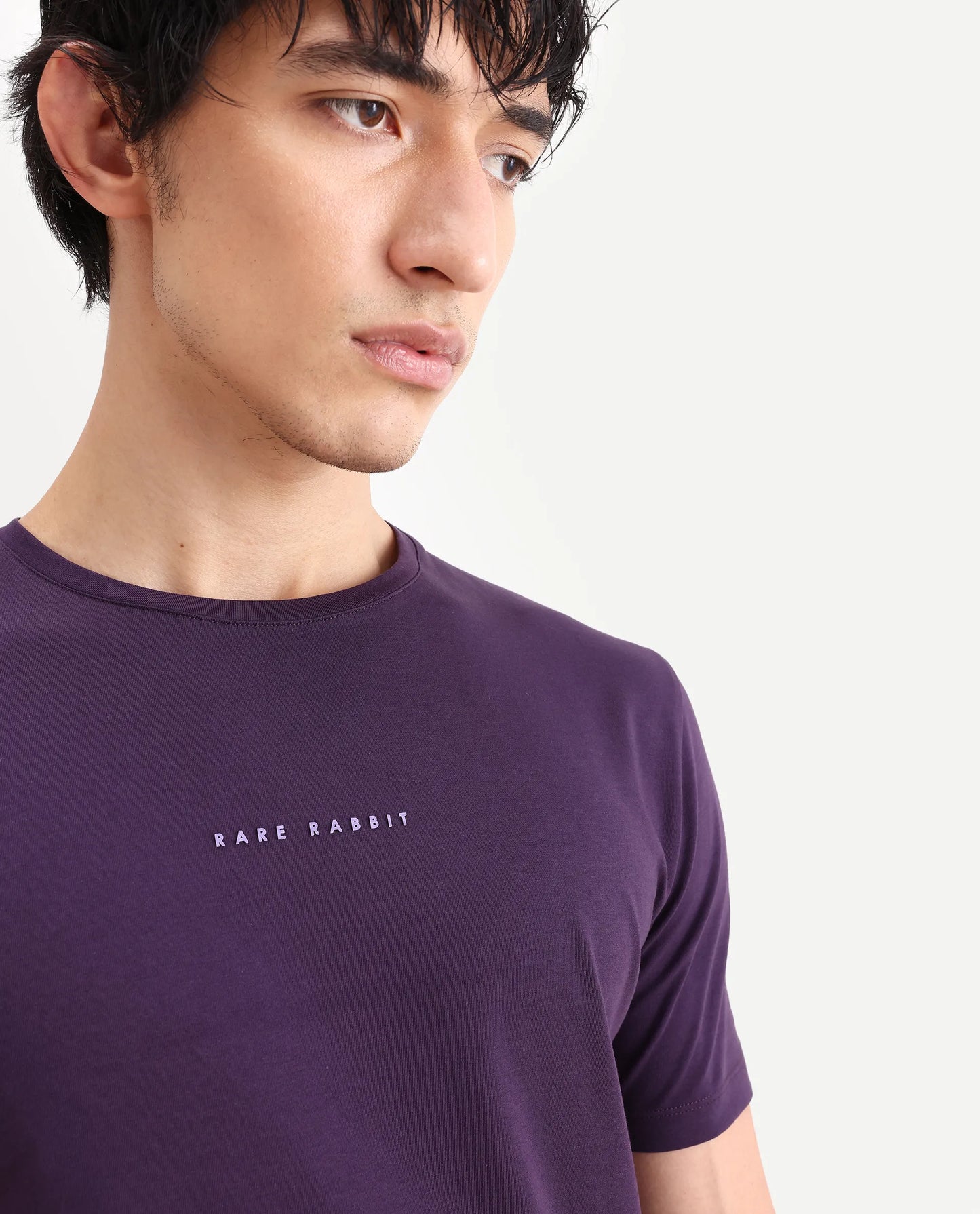 Rare Rabbit Men's Rabbit-S26 Dark Purple Cotton Blend Fabric Half Sleeve Crew Neck Regular Fit Plain T-Shirt