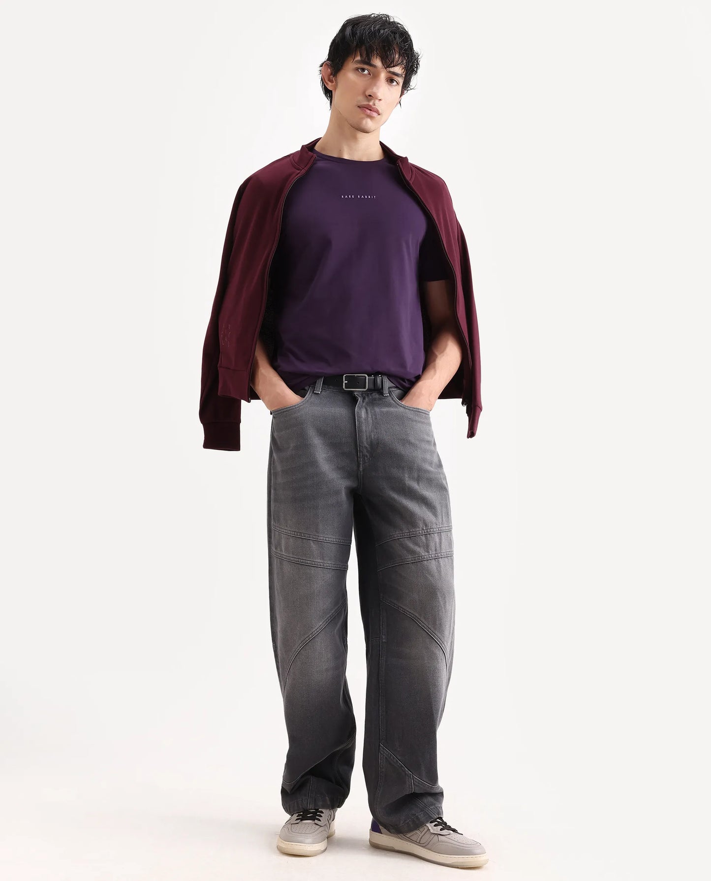 Rare Rabbit Men's Rabbit-S26 Dark Purple Cotton Blend Fabric Half Sleeve Crew Neck Regular Fit Plain T-Shirt