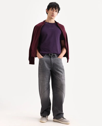 Rare Rabbit Men's Rabbit-S26 Dark Purple Cotton Blend Fabric Half Sleeve Crew Neck Regular Fit Plain T-Shirt