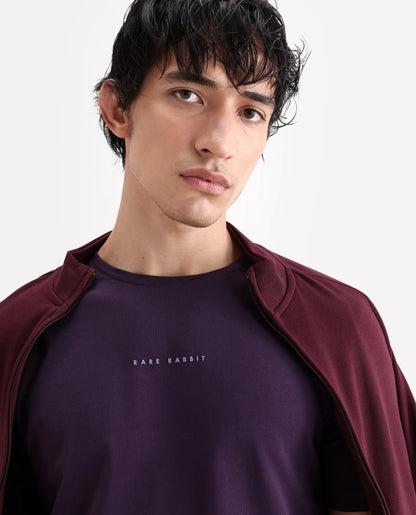 Rare Rabbit Men's Rabbit-S26 Dark Purple Cotton Blend Fabric Half Sleeve Crew Neck Regular Fit Plain T-Shirt