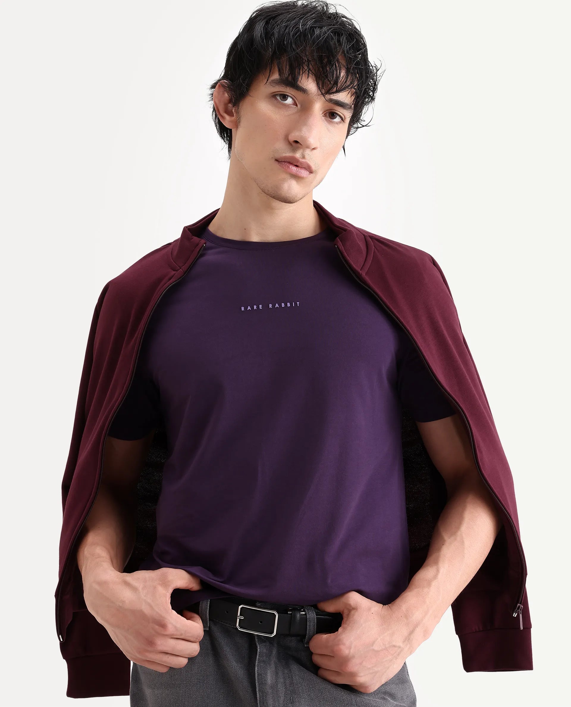 Rare Rabbit Men's Rabbit-S26 Dark Purple Cotton Blend Fabric Half Sleeve Crew Neck Regular Fit Plain T-Shirt | Rare Rabbit at Broadway