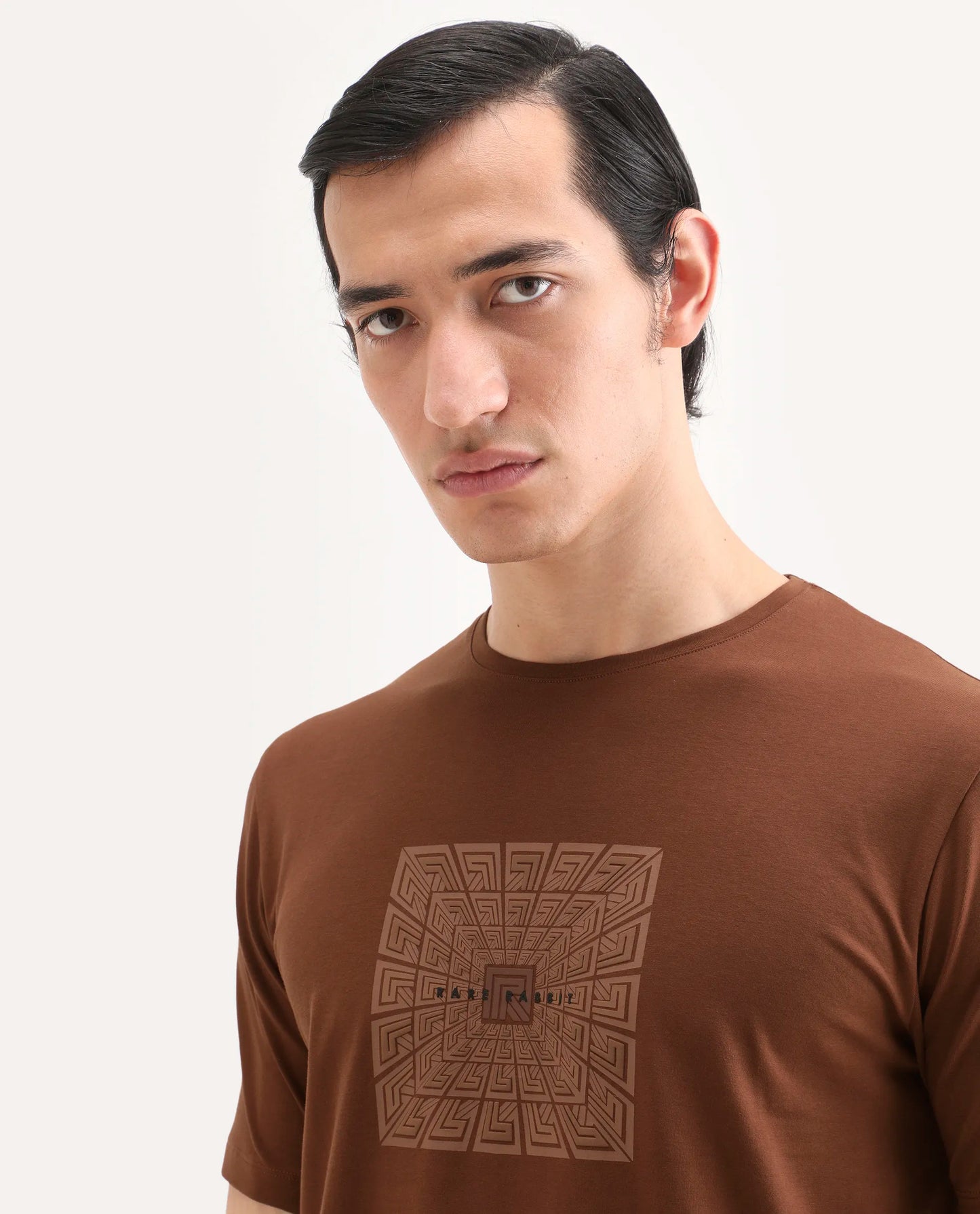 Rare Rabbit Men's Rapo Pastel Rust Cotton Blend Fabric Half Sleeve Crew Neck Regular Fit Graphic Print T-Shirt | Rare Rabbit at Broadway