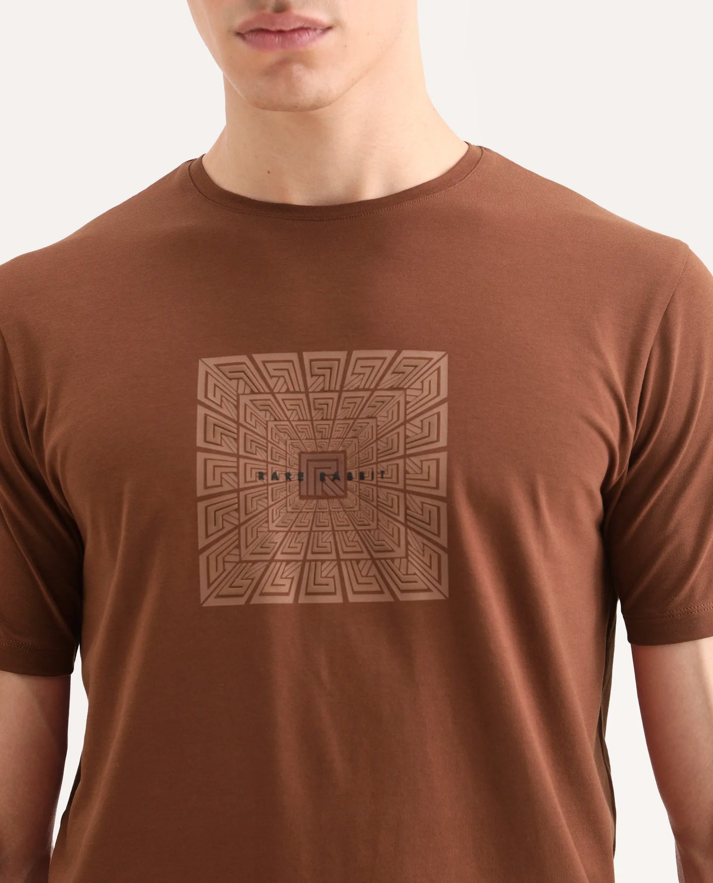 Rare Rabbit Men's Rapo Pastel Rust Cotton Blend Fabric Half Sleeve Crew Neck Regular Fit Graphic Print T-Shirt | Rare Rabbit at Broadway