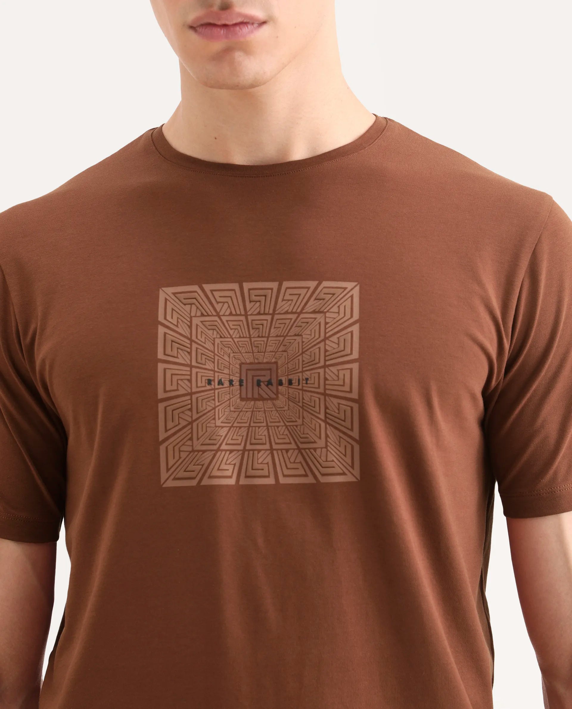 Rare Rabbit Men's Rapo Pastel Rust Cotton Blend Fabric Half Sleeve Crew Neck Regular Fit Graphic Print T-Shirt | Rare Rabbit at Broadway
