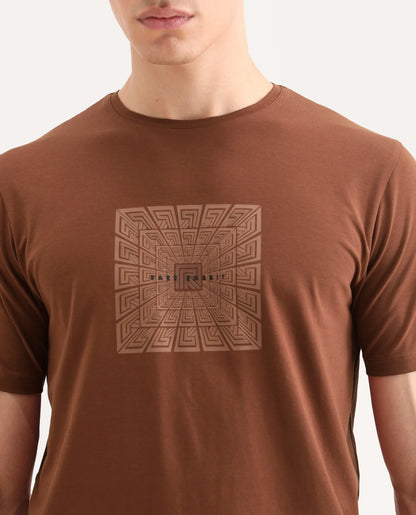 Rare Rabbit Men's Rapo Pastel Rust Cotton Blend Fabric Half Sleeve Crew Neck Regular Fit Graphic Print T-Shirt | Rare Rabbit at Broadway