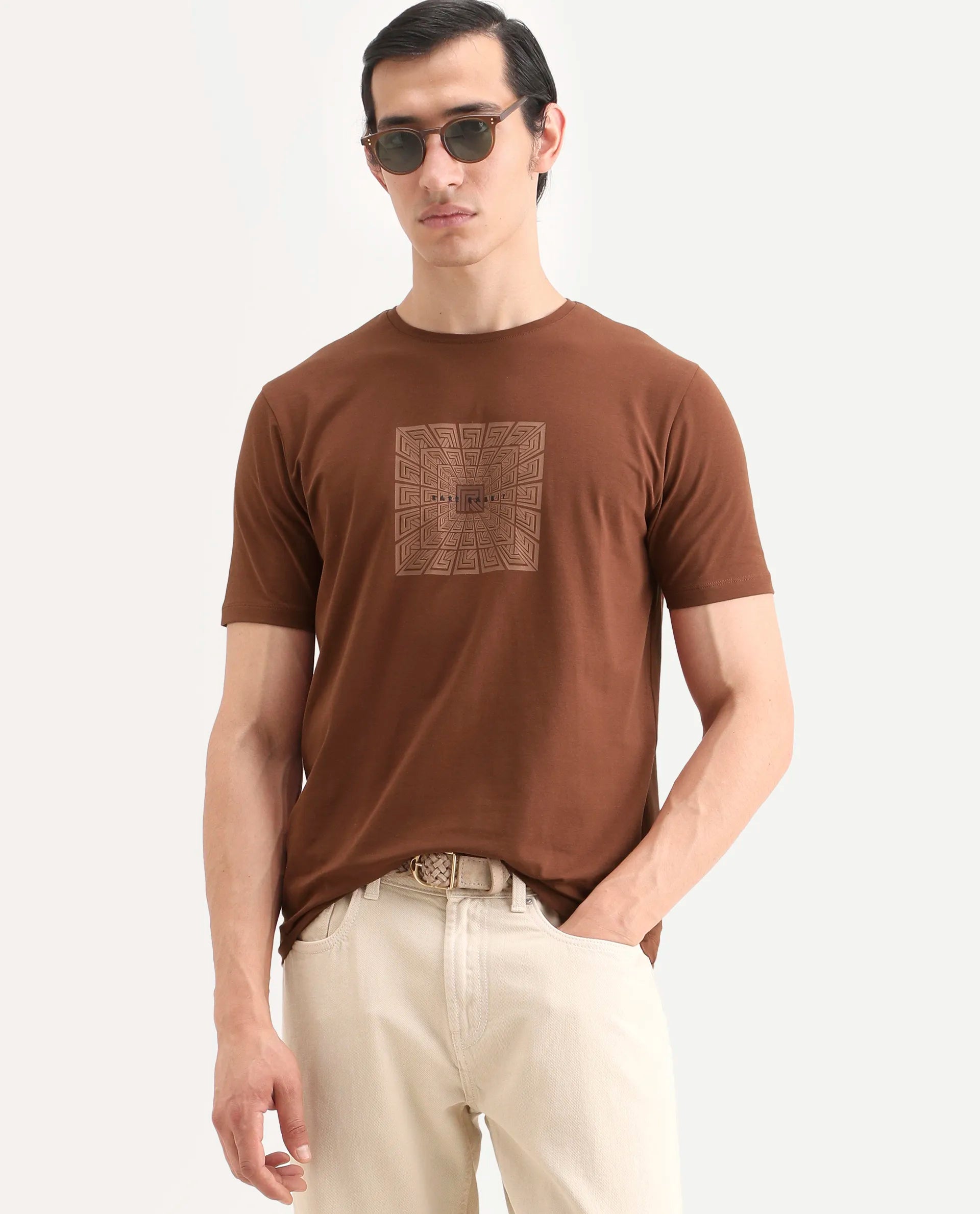 Rare Rabbit Men's Rapo Pastel Rust Cotton Blend Fabric Half Sleeve Crew Neck Regular Fit Graphic Print T-Shirt | Rare Rabbit at Broadway