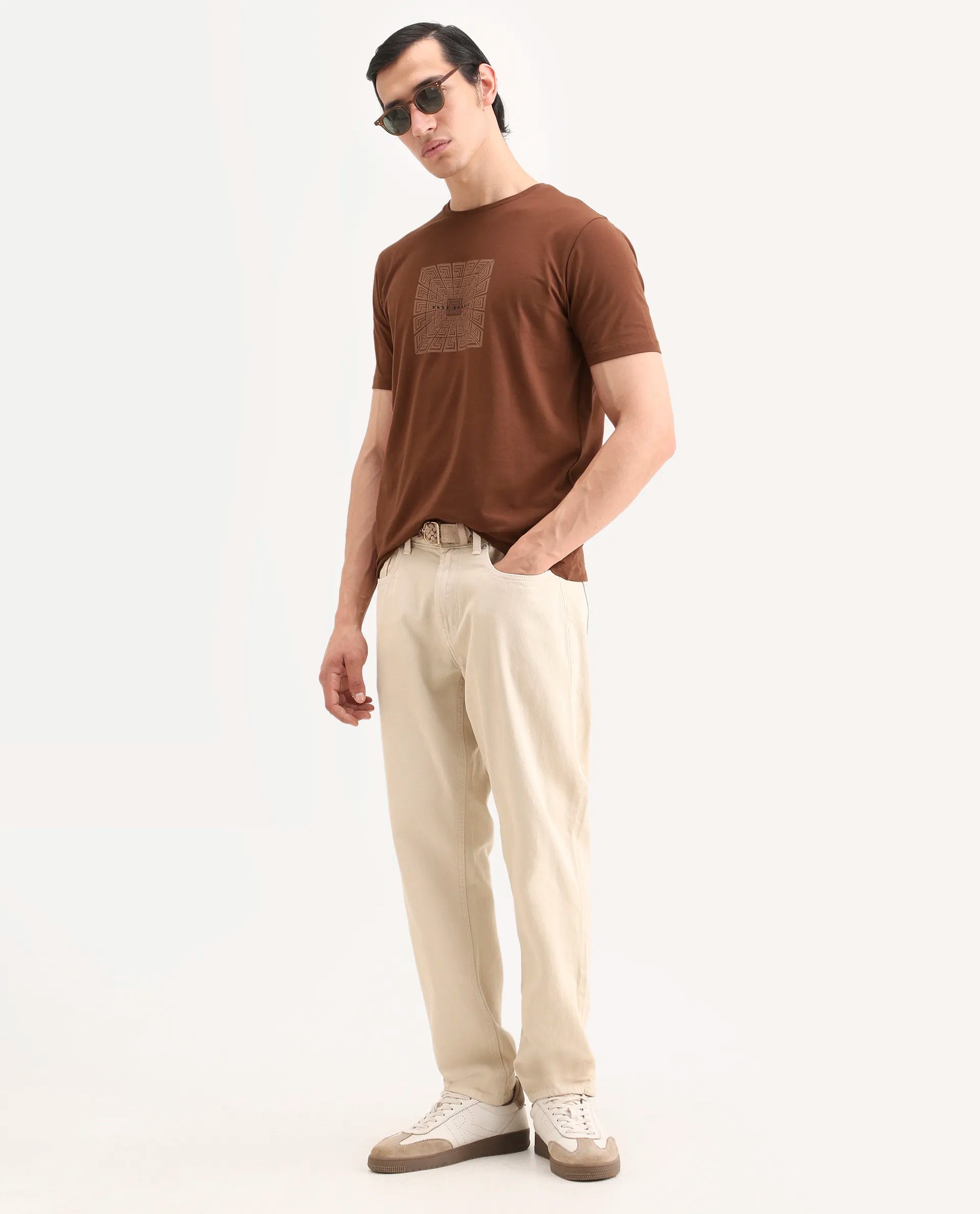 Rare Rabbit Men's Rapo Pastel Rust Cotton Blend Fabric Half Sleeve Crew Neck Regular Fit Graphic Print T-Shirt | Rare Rabbit at Broadway