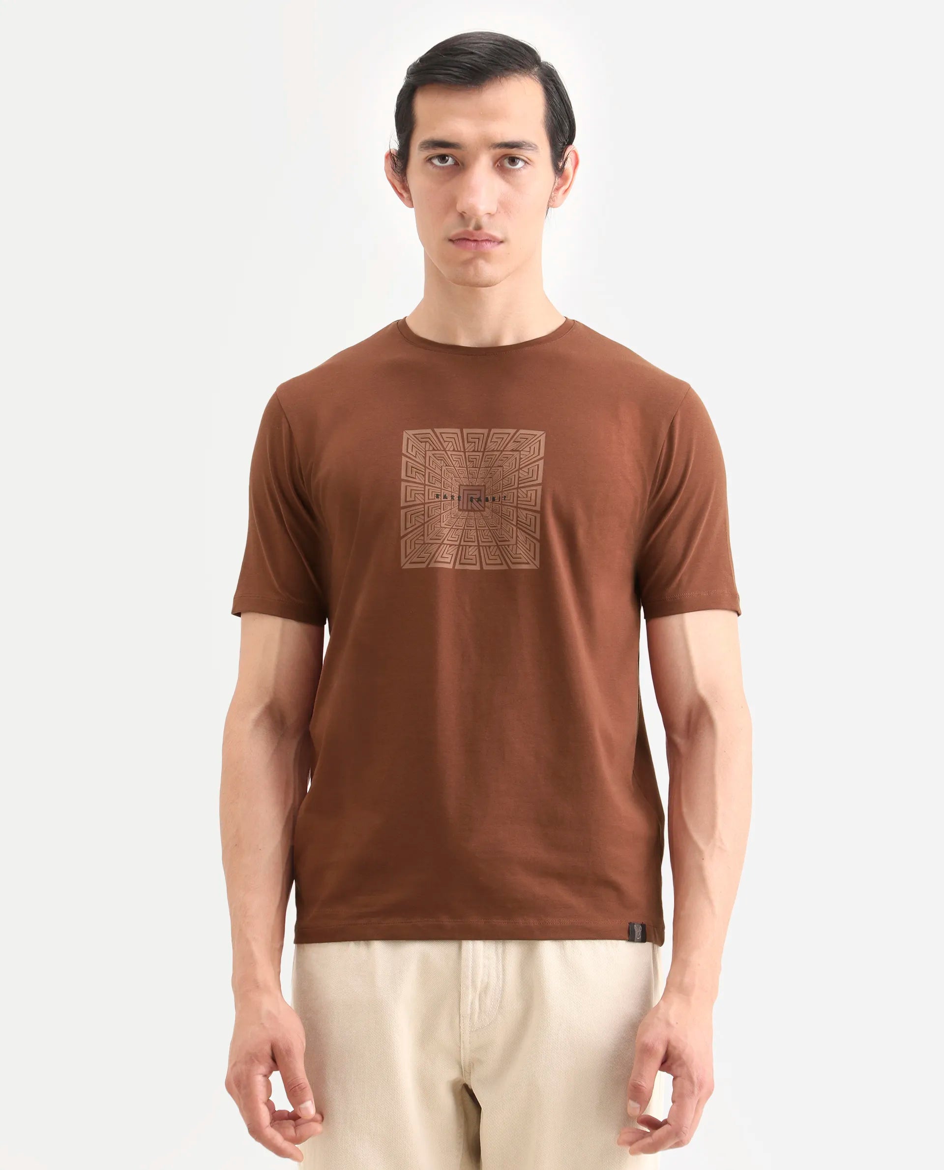 Rare Rabbit Men's Rapo Pastel Rust Cotton Blend Fabric Half Sleeve Crew Neck Regular Fit Graphic Print T-Shirt | Rare Rabbit at Broadway
