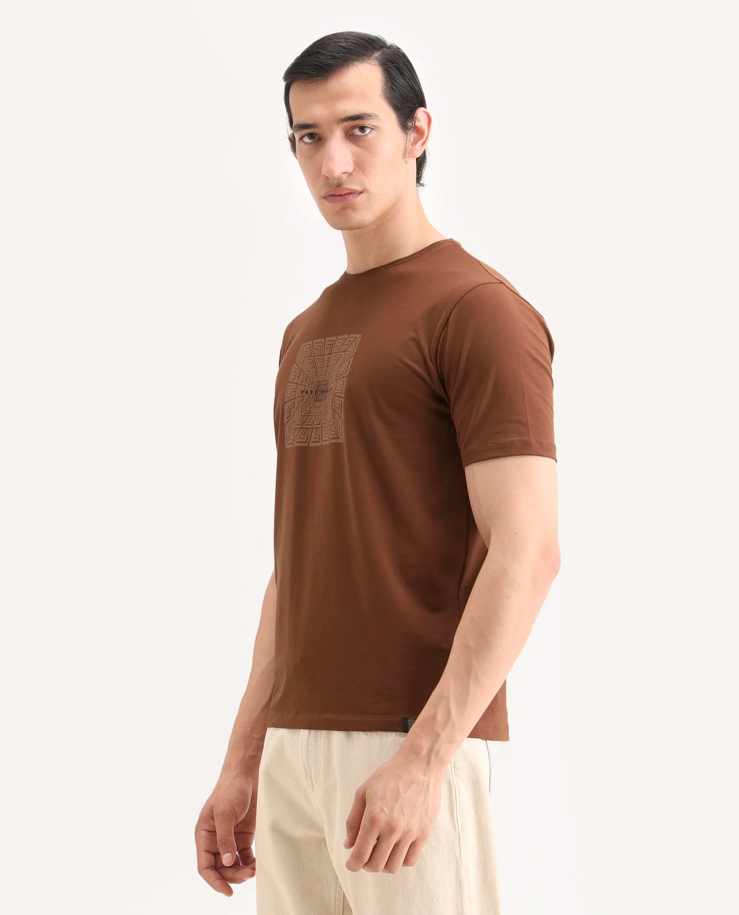 Rare Rabbit Men's Rapo Pastel Rust Cotton Blend Fabric Half Sleeve Crew Neck Regular Fit Graphic Print T-Shirt | Rare Rabbit at Broadway