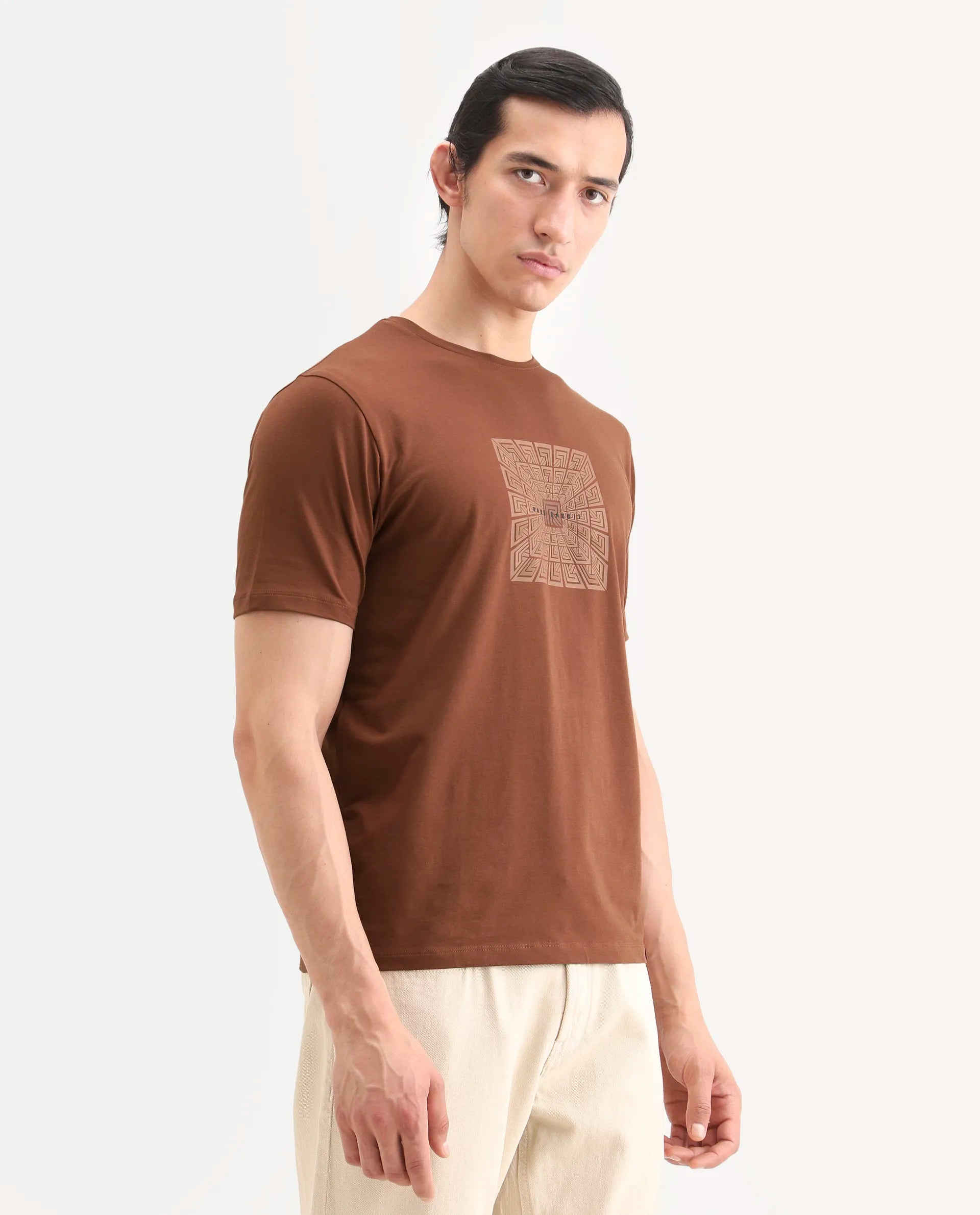 Rare Rabbit Men's Rapo Pastel Rust Cotton Blend Fabric Half Sleeve Crew Neck Regular Fit Graphic Print T-Shirt | Rare Rabbit at Broadway