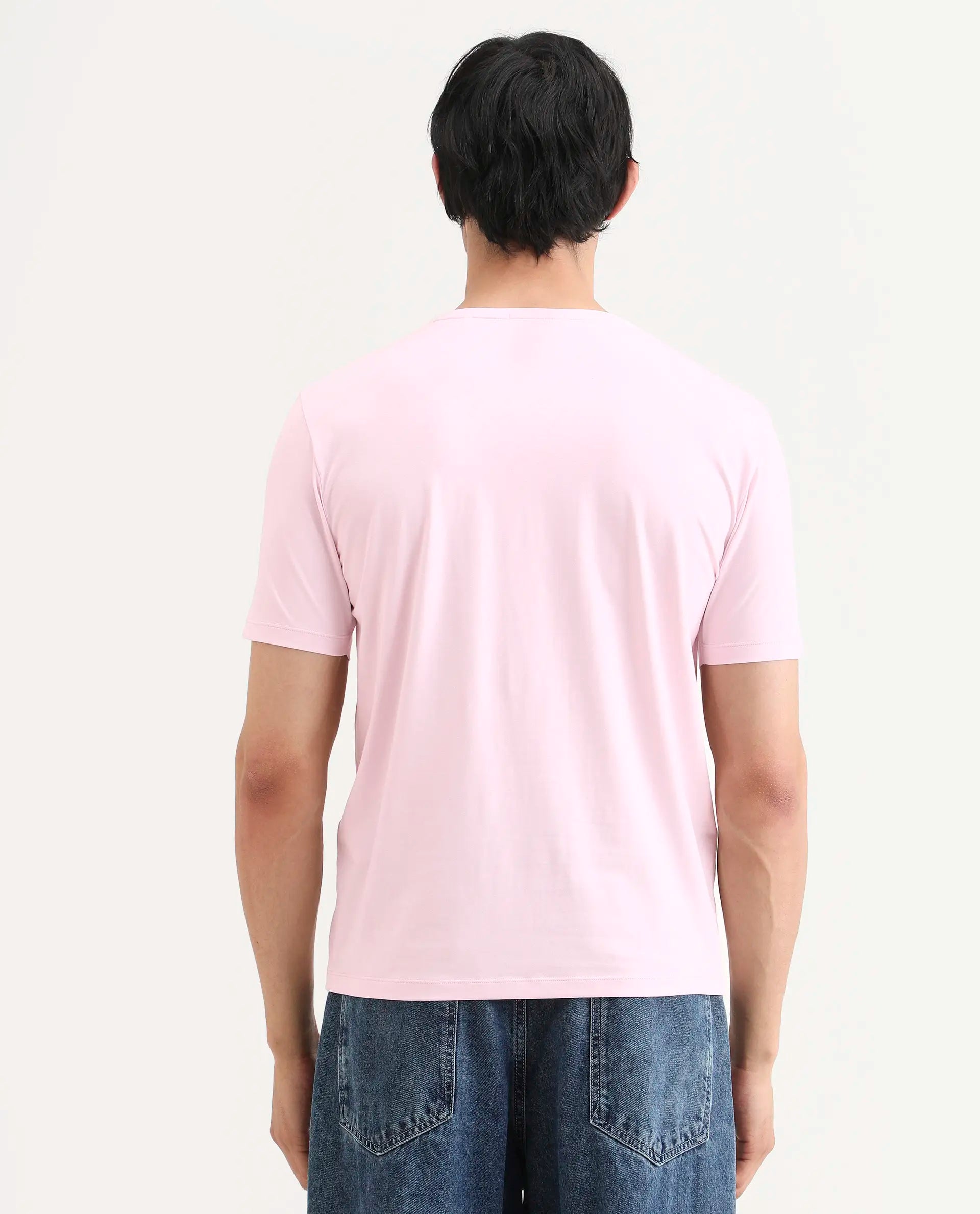 Rare Rabbit Men's Tregor Pastel Pink Cotton Blend Fabric Half Sleeve Crew Neck Regular Fit HD Print T-Shirt | Rare Rabbit at Broadway