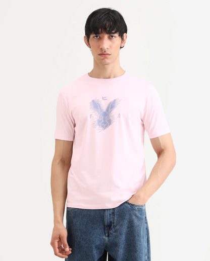 Rare Rabbit Men's Tregor Pastel Pink Cotton Blend Fabric Half Sleeve Crew Neck Regular Fit HD Print T-Shirt | Rare Rabbit at Broadway