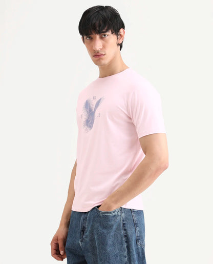 Rare Rabbit Men's Tregor Pastel Pink Cotton Blend Fabric Half Sleeve Crew Neck Regular Fit HD Print T-Shirt | Rare Rabbit at Broadway