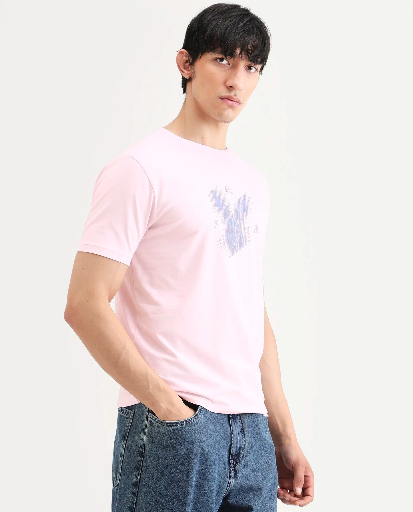 Rare Rabbit Men's Tregor Pastel Pink Cotton Blend Fabric Half Sleeve Crew Neck Regular Fit HD Print T-Shirt | Rare Rabbit at Broadway