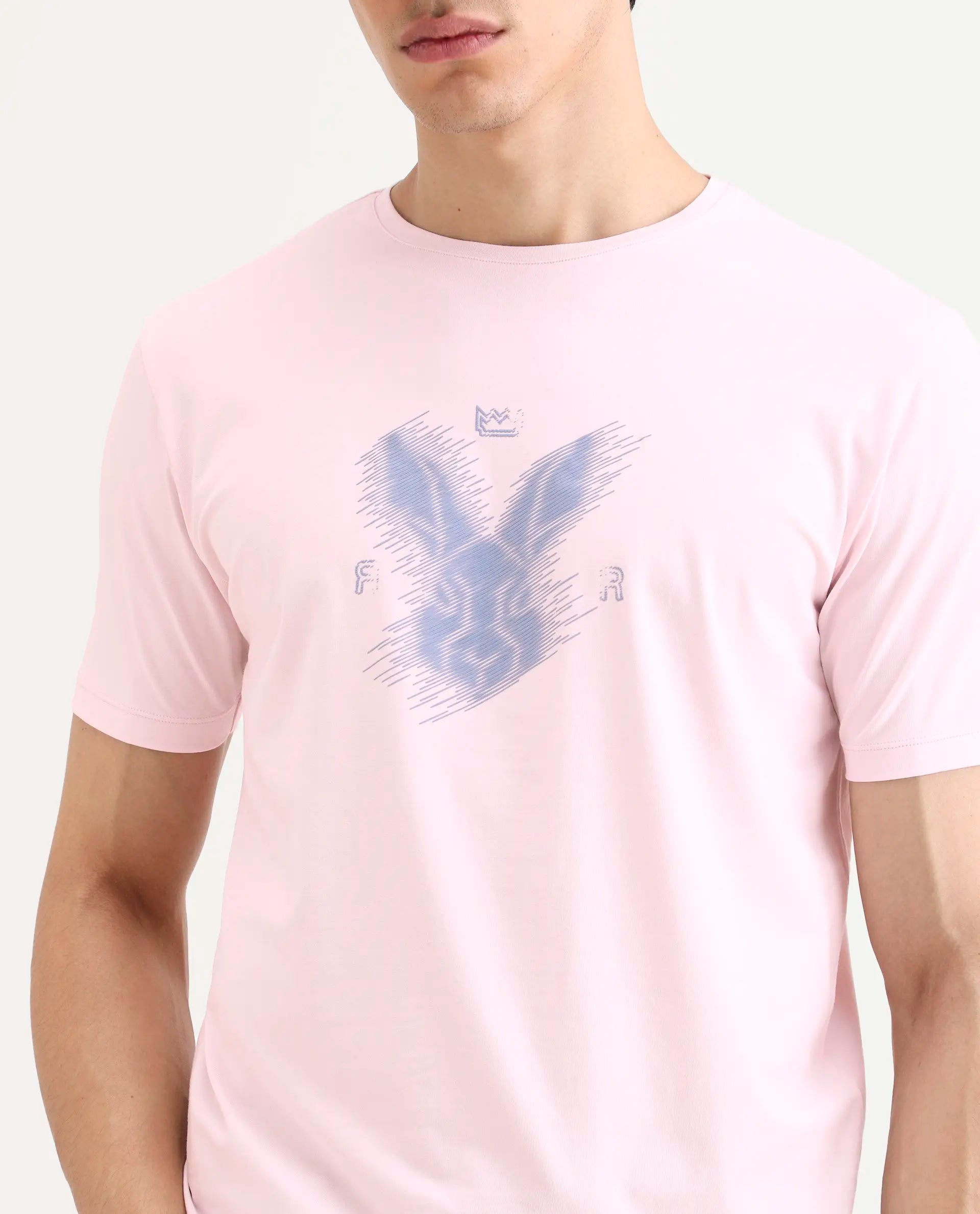 Rare Rabbit Men's Tregor Pastel Pink Cotton Blend Fabric Half Sleeve Crew Neck Regular Fit HD Print T-Shirt | Rare Rabbit at Broadway