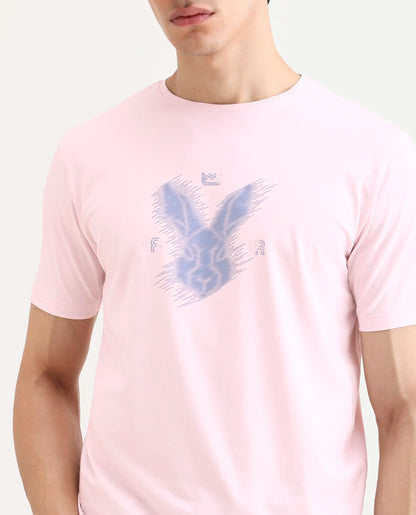 Rare Rabbit Men's Tregor Pastel Pink Cotton Blend Fabric Half Sleeve Crew Neck Regular Fit HD Print T-Shirt | Rare Rabbit at Broadway