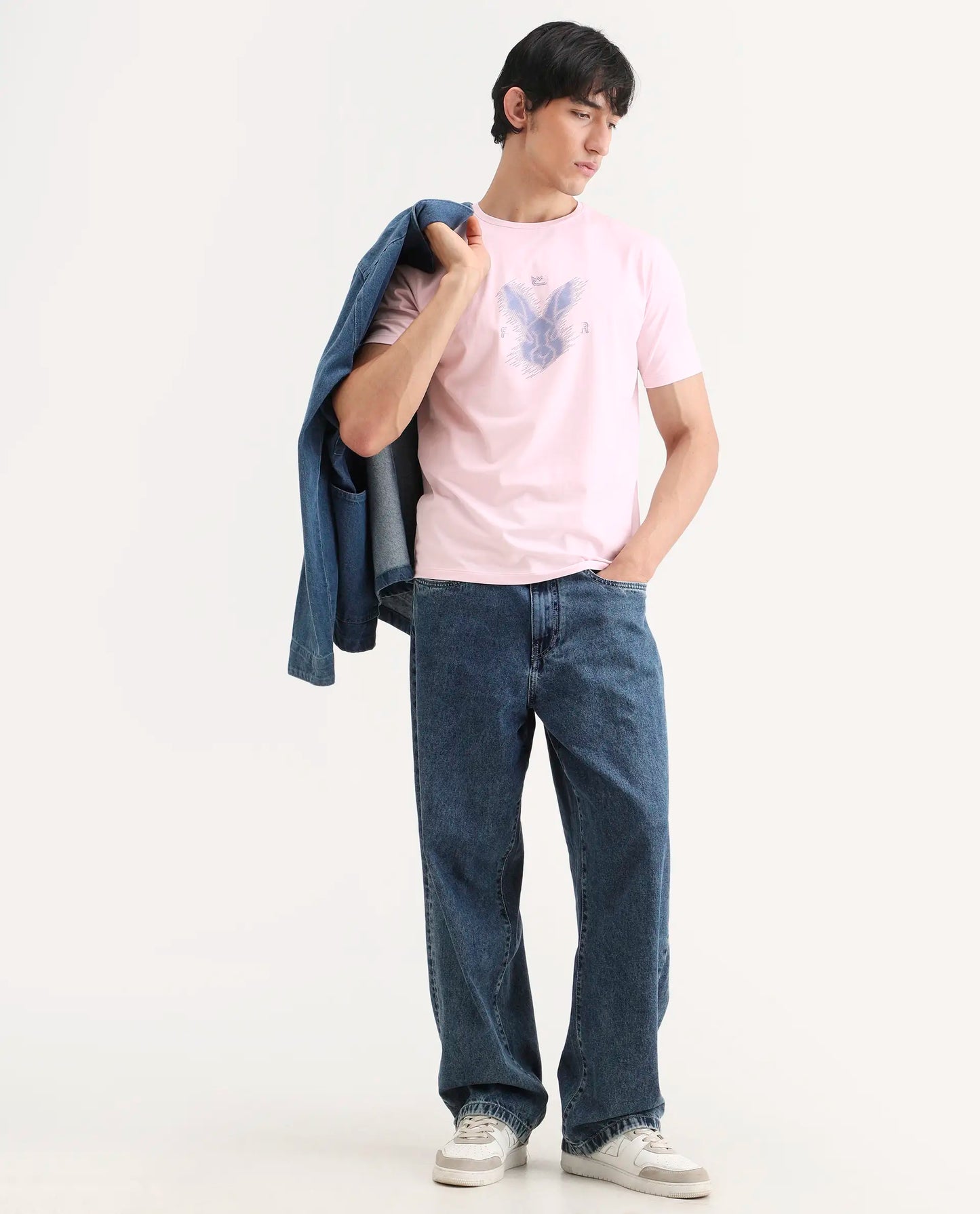 Rare Rabbit Men's Tregor Pastel Pink Cotton Blend Fabric Half Sleeve Crew Neck Regular Fit HD Print T-Shirt | Rare Rabbit at Broadway