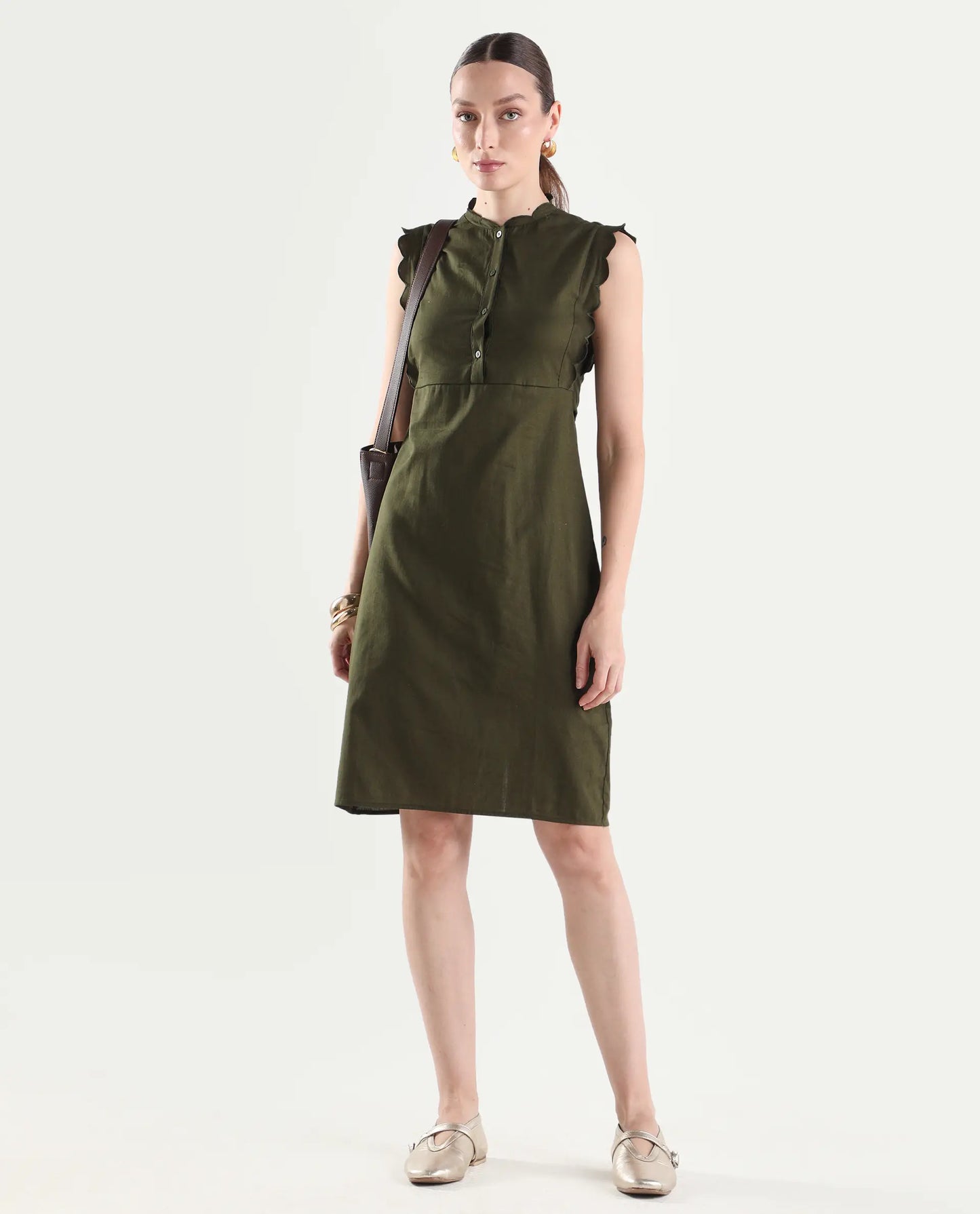 Rareism Women's Adara Olive Cotton Sleeveless A-Line Plain Dress