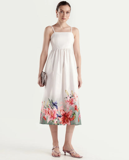 Rareism Women's Agate Off White Cotton Sleeveless Fit And Flare Printed Dress